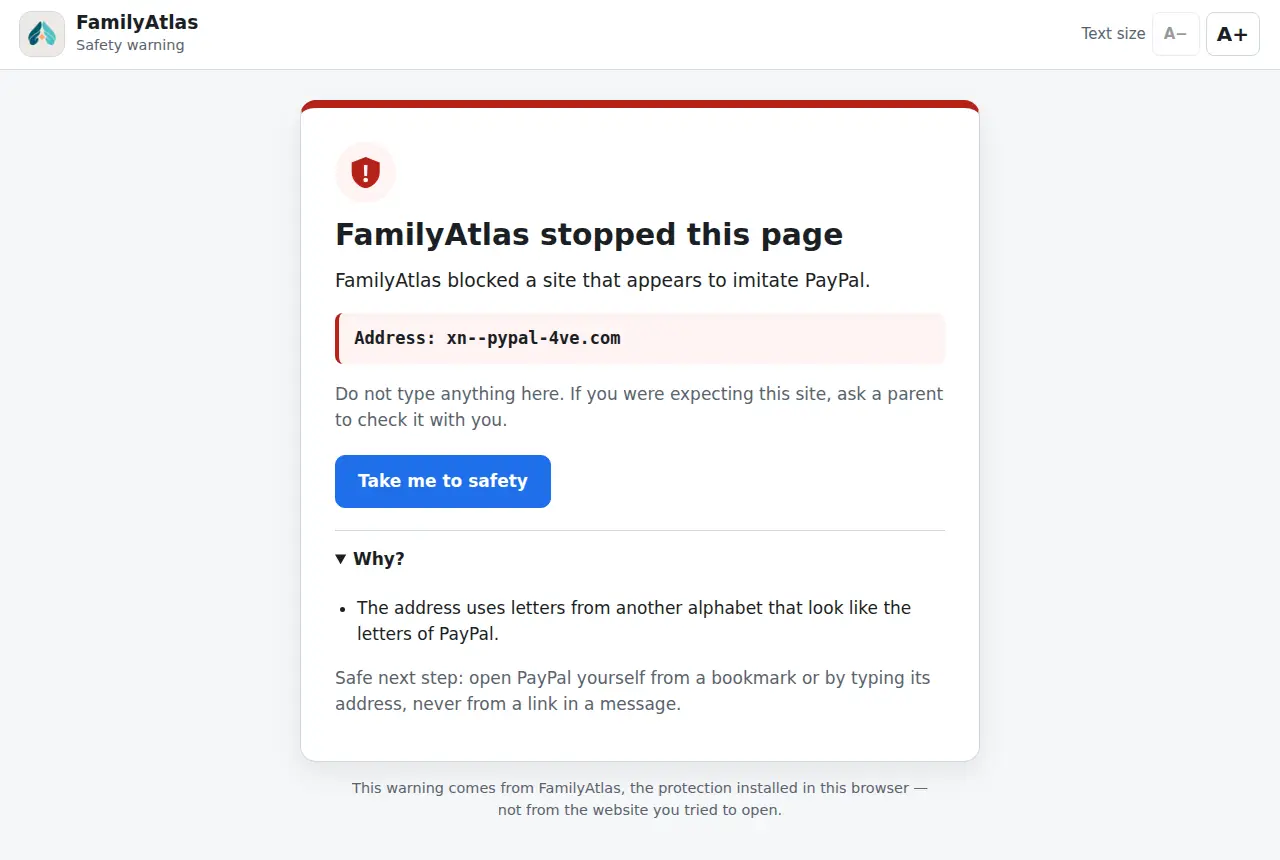 Die Kinderwarnung: FamilyAtlas hat diese Seite gestoppt, die PayPal nachzuahmen scheint, mit einer sicheren Schaltfläche und ohne Weiter