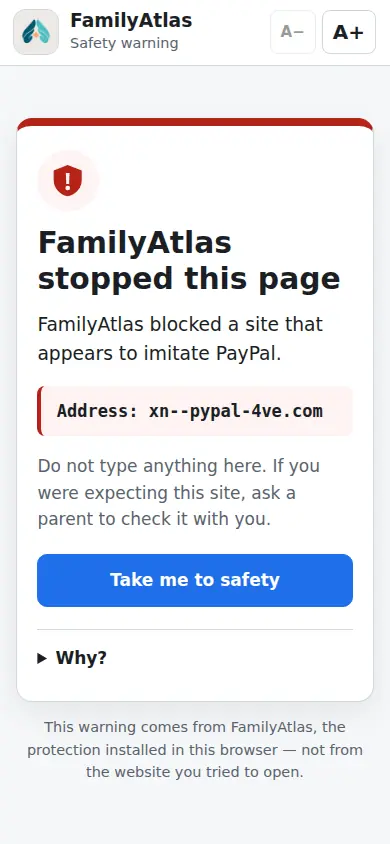 Die FamilyAtlas-Kindererweiterung auf einem Bildschirm in Telefongröße: Seite gestoppt, die PayPal nachahmt