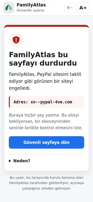 Telefon boyutunda ekranda FamilyAtlas çocuk eklentisi: FamilyAtlas, PayPal’ı taklit eden bu sayfayı durdurdu