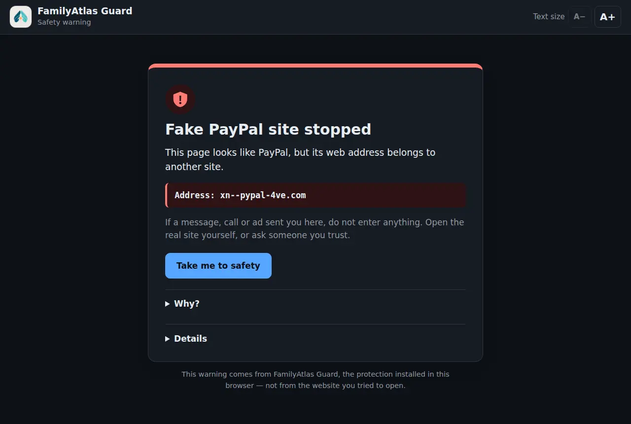 Die Warnung zur gefälschten PayPal-Seite im Dunkelmodus