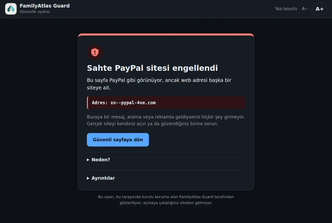 Karanlık modda Sahte PayPal sitesi engellendi uyarısı
