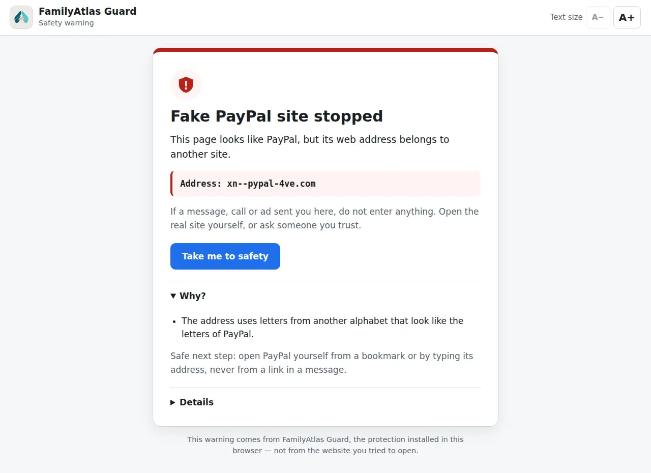Guard-Warnung: gefälschte PayPal-Seite gestoppt, weil die Adresse Buchstaben eines anderen Alphabets verwendet