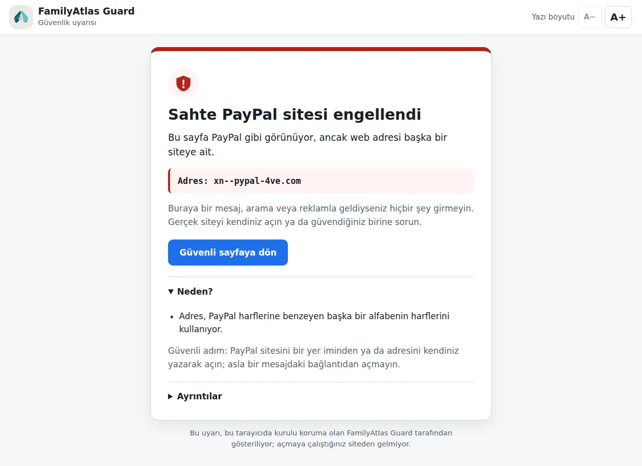 Guard uyarısı: Sahte PayPal sitesi engellendi; neden olarak adresin başka bir alfabenin harflerini kullandığı yazıyor