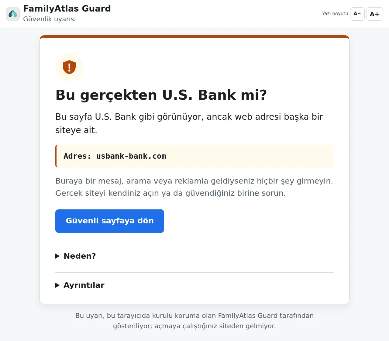 A+ düğmesine üç kez basıldıktan sonra daha büyük yazıyla aynı uyarı