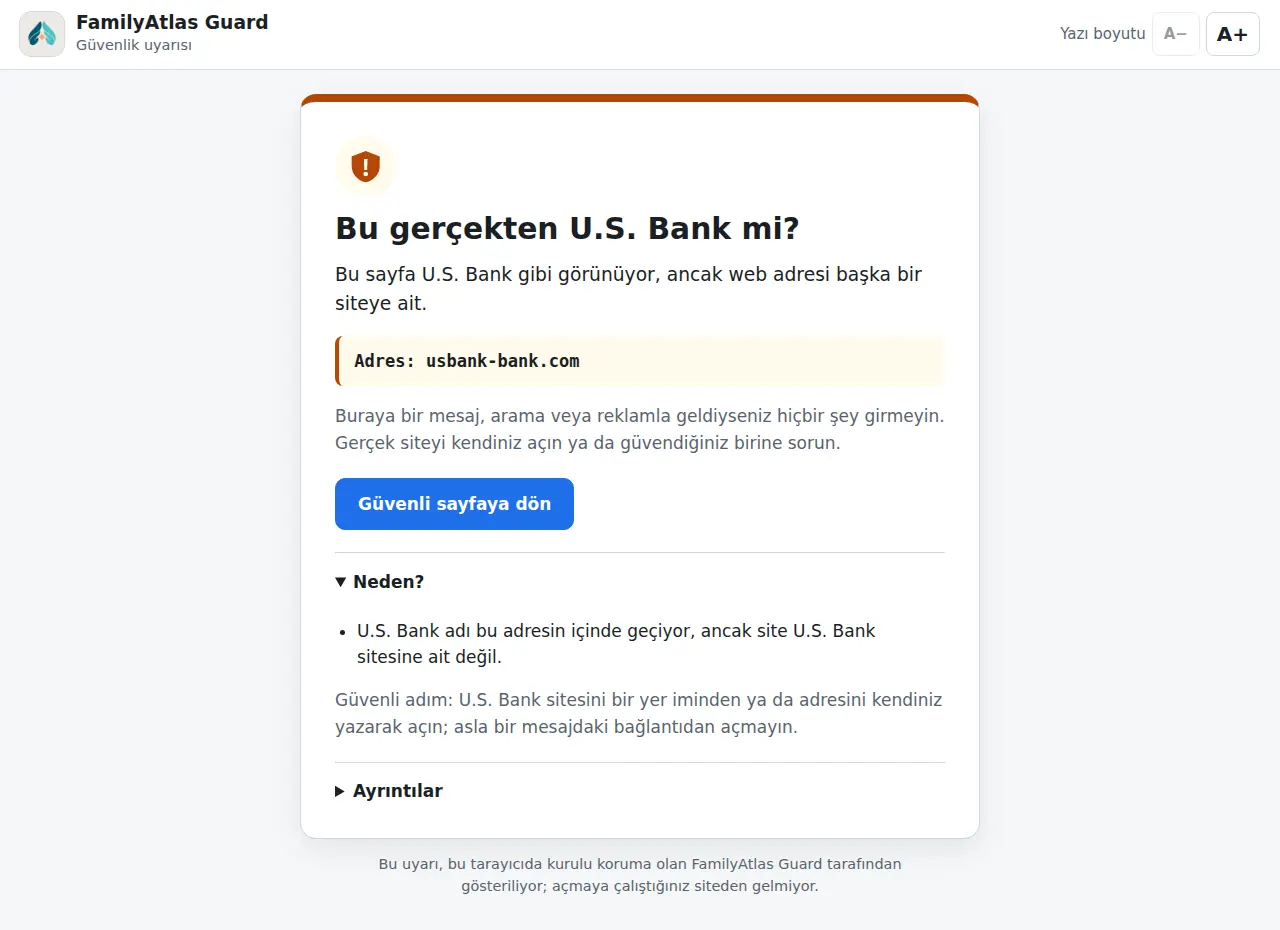 FamilyAtlas Guard uyarısı: usbank-bank.com adresi için “Bu gerçekten U.S. Bank mi?” ve Güvenli sayfaya dön düğmesi