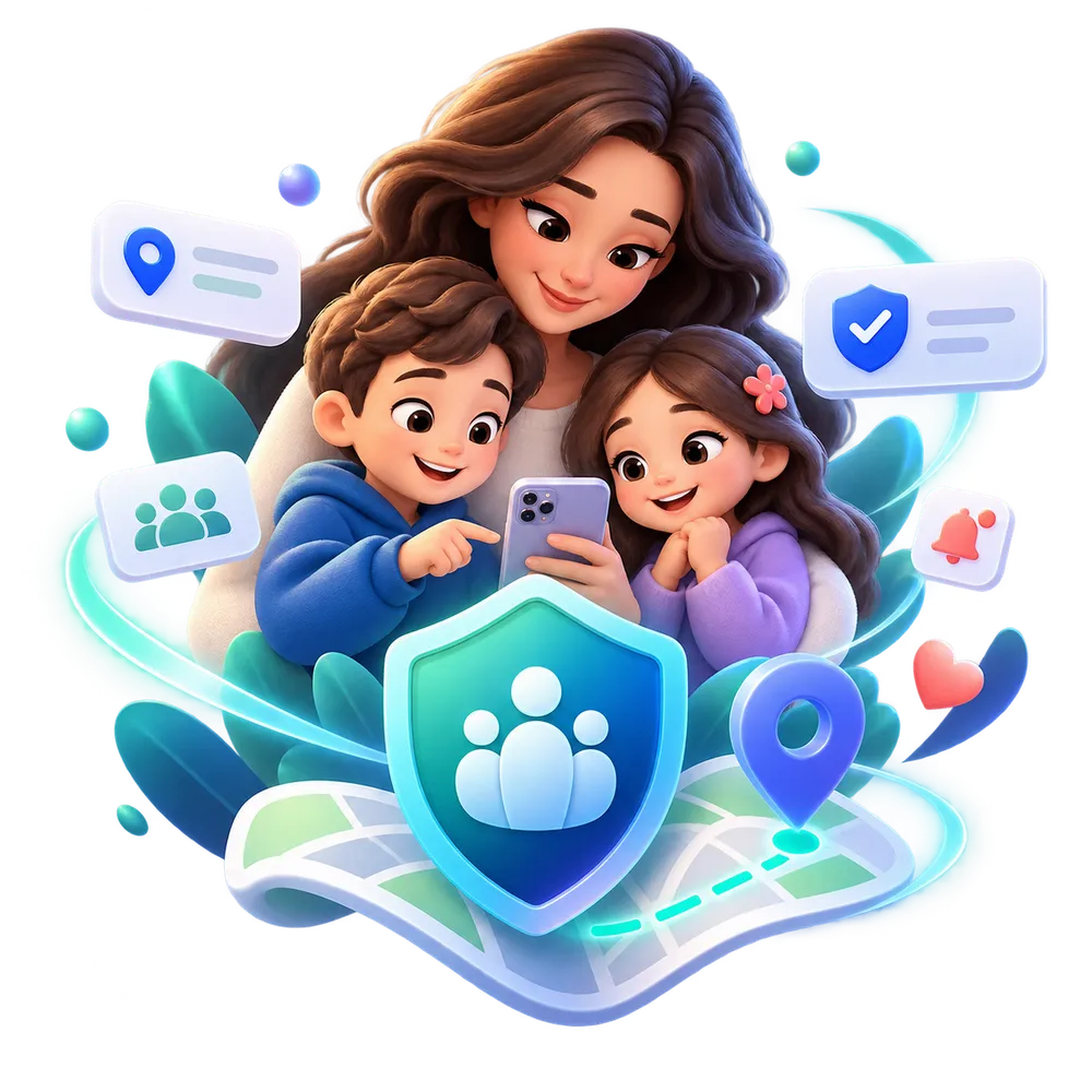 Eine Mutter und ihre zwei Kinder schauen sich auf dem Handy die Schutzfunktionen von FamilyAtlas an